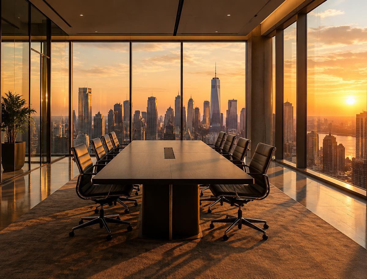 Meeting room overlooking a city skyline at sunset